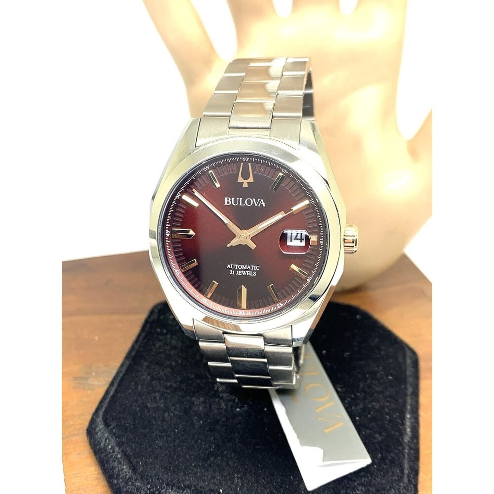 Bulova Men's Watch 98B422 Automatic Burgundy Dial Silver Stainless Steel 39mm